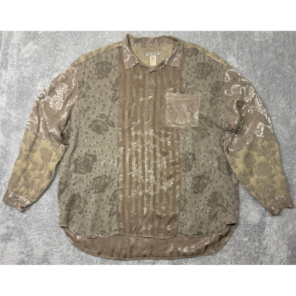 Citron Blouse Womens L Brown Floral Jacquard Button Front Oversized USA Made